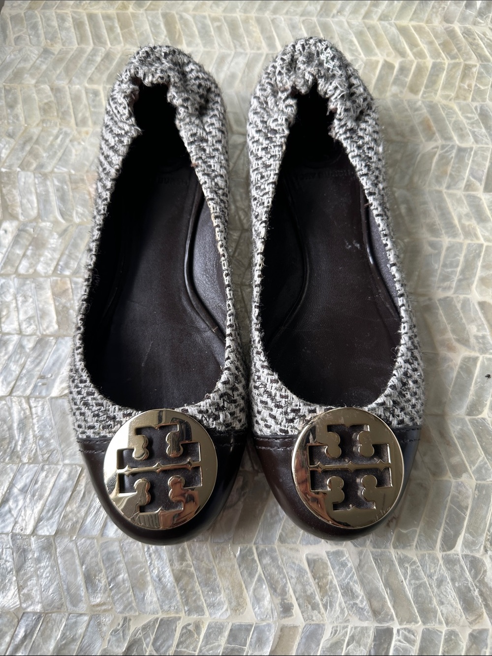 Tory Burch Gray Tweed & Brown Leather Ballet Flats